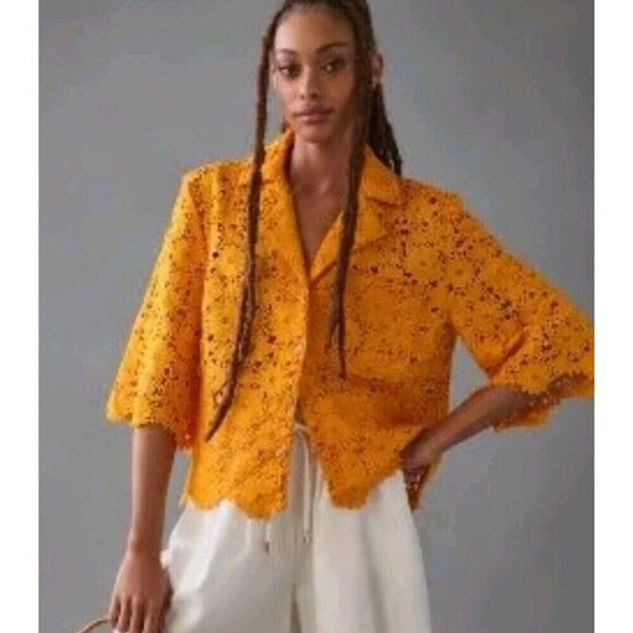 Maeve By Anthropologie Lace Half Sleeve Button Down Shirt Sunflower Yellow Sz XS - Picture 2 of 11